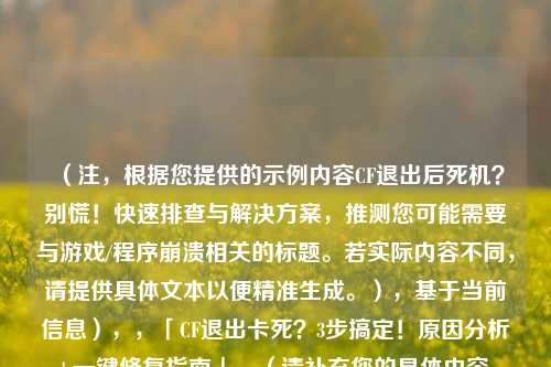 （注，根据您提供的示例内容CF退出后死机？别慌！快速排查与解决方案，推测您可能需要与游戏/程序崩溃相关的标题。若实际内容不同，请提供具体文本以便精准生成。），基于当前信息），，「CF退出卡死？3步搞定！原因分析+一键修复指南」，（请补充您的具体内容，我将为您生成最匹配的标题。）