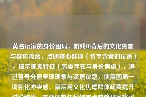黄名玩家的身份困局,游戏ID背后的文化焦虑与群体疏离,点明核心群体(名字含黄的玩家),揭示现象特征(另类存在与身份焦虑),通过冒号分层呈现现象与深层议题,使用困局一词强化冲突感,最后用文化焦虑群体疏离提升讨论维度,需要调整任何侧重点或修辞风格可以随时告诉我。