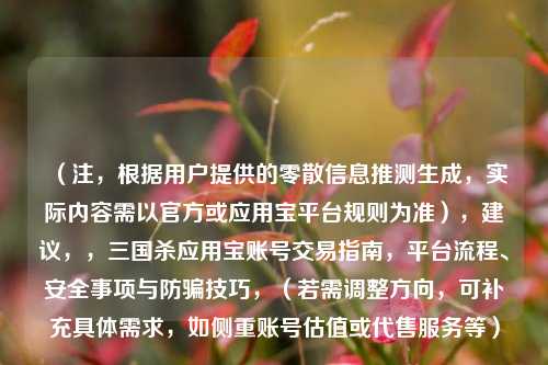 （注，根据用户提供的零散信息推测生成，实际内容需以官方或应用宝平台规则为准），建议，，三国杀应用宝账号交易指南，平台流程、安全事项与防骗技巧，（若需调整方向，可补充具体需求，如侧重账号估值或代售服务等）