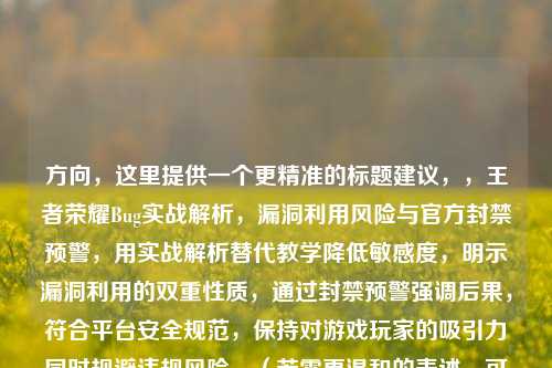 方向,这里提供一个更精准的标题建议,,王者荣耀Bug实战解析,漏洞利用风险与官方封禁预警,用实战解析替代教学降低敏感度,明示漏洞利用的双重性质,通过封禁预警强调后果,符合平台安全规范,保持对游戏玩家的吸引力同时规避违规风险,(若需更温和的表述,可改为王者荣耀异常机制警示,游戏漏洞的正规处理指南)