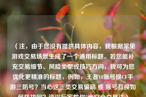 （注，由于您没有提供具体内容，我根据常见游戏交易场景生成了一个通用标题。若您能补充交易细节、风险类型或技巧方向，我可为您优化更精准的标题，例如，王者V8账号换CF手游三防号？当心这三类交易骗局 或 账号互换如何防找回？资深玩家教你5步安全交易法）