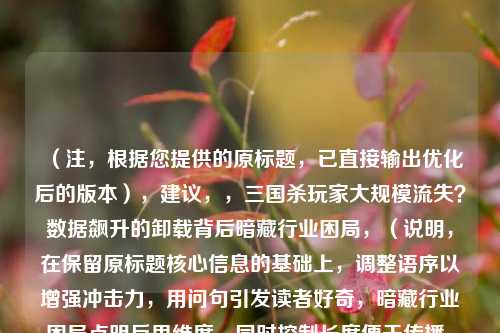 （注，根据您提供的原标题，已直接输出优化后的版本），建议，，三国杀玩家大规模流失？数据飙升的卸载背后暗藏行业困局，（说明，在保留原标题核心信息的基础上，调整语序以增强冲击力，用问句引发读者好奇，暗藏行业困局点明反思维度，同时控制长度便于传播。如需其他风格可补充说明。）