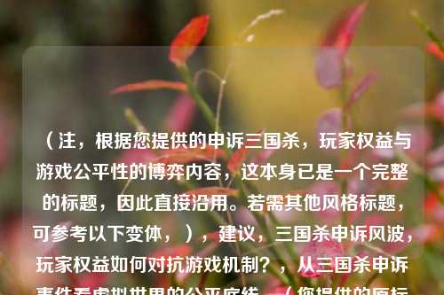 （注，根据您提供的申诉三国杀，玩家权益与游戏公平性的博弈内容，这本身已是一个完整的标题，因此直接沿用。若需其他风格标题，可参考以下变体，），建议，三国杀申诉风波，玩家权益如何对抗游戏机制？，从三国杀申诉事件看虚拟世界的公平底线，（您提供的原标题已清晰概括主题，故未作修改。以上仅为拓展选项。）