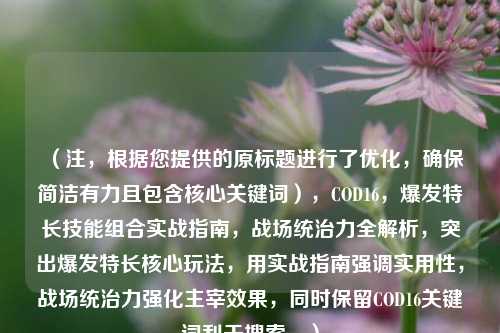 （注，根据您提供的原标题进行了优化，确保简洁有力且包含核心关键词），COD16，爆发特长技能组合实战指南，战场统治力全解析，突出爆发特长核心玩法，用实战指南强调实用性，战场统治力强化主宰效果，同时保留COD16关键词利于搜索。）