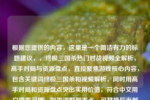 根据您提供的内容,这里是一个简洁有力的标题建议,,终极三国杀热门对战视频全解析,高手对局与资源盘点,直接聚焦游戏核心内容,包含关键词终极三国杀和视频解析,同时用高手对局和资源盘点突出实用价值,符合中文用户搜索习惯。如需调整侧重点,可替换后半部分如· 全网最全攻略或· 隐藏技巧大公开等变体。)