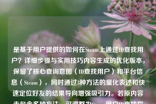 是基于用户提供的如何在Steam上通过ID查找用户？详细步骤与实用技巧内容生成的优化版本，保留了核心查询意图（ID查找用户）和平台信息（Steam），同时通过3种方法的量化表述和快速定位好友的结果导向增强吸引力。若原内容未包含多种方法，可调整为Steam用户ID查找指南，简单3步精准定位好友。