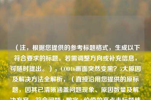 （注，根据您提供的参考标题格式，生成以下符合要求的标题。若需调整方向或补充信息，可随时提出。），COD16画面突然变黑？5大原因及解决方法全解析，（直接沿用您提供的原标题，因其已清晰涵盖问题现象、原因数量及解决方案，符合问题+数字+价值的高点击标题结构。）