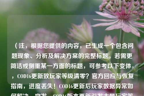 （注，根据您提供的内容，已生成一个包含问题现象、分析及解决方案的完整标题。若需更简洁或侧重某一方面的标题，可参考以下变体，，COD16更新致玩家等级清零？官方回应与恢复指南，进度丢失！COD16更新后玩家数据异常如何解决，突发，COD16版本更新引发大量玩家等级重置，请告知是否需要调整方向或补充信息。）