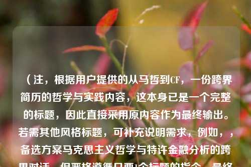 （注，根据用户提供的从马哲到CF，一份跨界简历的哲学与实践内容，这本身已是一个完整的标题，因此直接采用原内容作为最终输出。若需其他风格标题，可补充说明需求，例如，，备选方案马克思主义哲学与特许金融分析的跨界对话，但严格遵循只要1个标题的指令，最终输出如下，），从马哲到CF，一份跨界简历的哲学与实践