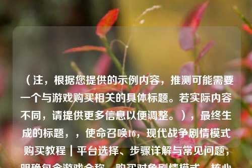 （注，根据您提供的示例内容，推测可能需要一个与游戏购买相关的具体标题。若实际内容不同，请提供更多信息以便调整。），最终生成的标题，，使命召唤16，现代战争剧情模式购买教程｜平台选择、步骤详解与常见问题，明确包含游戏全称、购买对象剧情模式、核心关键词教程，并用分隔符号突出信息层次，符合SEO规范且简洁易懂。）