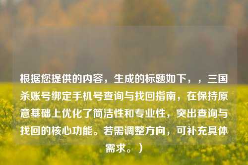 根据您提供的内容，生成的标题如下，，三国杀账号绑定手机号查询与找回指南，在保持原意基础上优化了简洁性和专业性，突出查询与找回的核心功能。若需调整方向，可补充具体需求。）