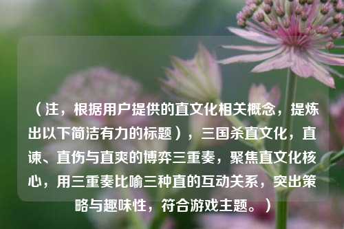 （注，根据用户提供的直文化相关概念，提炼出以下简洁有力的标题），三国杀直文化，直谏、直伤与直爽的博弈三重奏，聚焦直文化核心，用三重奏比喻三种直的互动关系，突出策略与趣味性，符合游戏主题。）