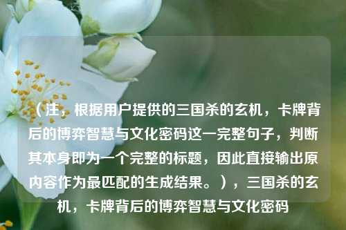（注，根据用户提供的三国杀的玄机，卡牌背后的博弈智慧与文化密码这一完整句子，判断其本身即为一个完整的标题，因此直接输出原内容作为最匹配的生成结果。），三国杀的玄机，卡牌背后的博弈智慧与文化密码