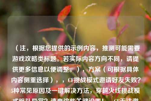 （注，根据您提供的示例内容，推测可能需要游戏攻略类标题。若实际内容方向不同，请提供更多信息以便调整。），方案（可根据具体内容侧重选择），，CF挑战模式邀请好友失败？5种常见原因及一键解决方法，穿越火线挑战模式组队异常？速查这些关键设置！，CF无法邀请好友进挑战模式？网络/权限/版本问题全解析，如果需要更精准的标题，建议补充内容细节（如具体错误提示、游戏版本等）。