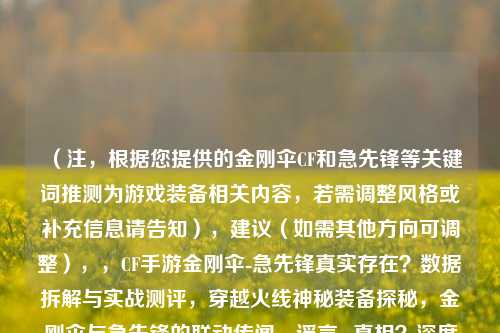 （注，根据您提供的金刚伞CF和急先锋等关键词推测为游戏装备相关内容，若需调整风格或补充信息请告知），建议（如需其他方向可调整），，CF手游金刚伞-急先锋真实存在？数据拆解与实战测评，穿越火线神秘装备探秘，金刚伞与急先锋的联动传闻，谣言or真相？深度起底CF中金刚伞急先锋的隐藏属性，均聚焦存在性验证+深度解析，如需突出特定游戏版本或平台可补充说明）